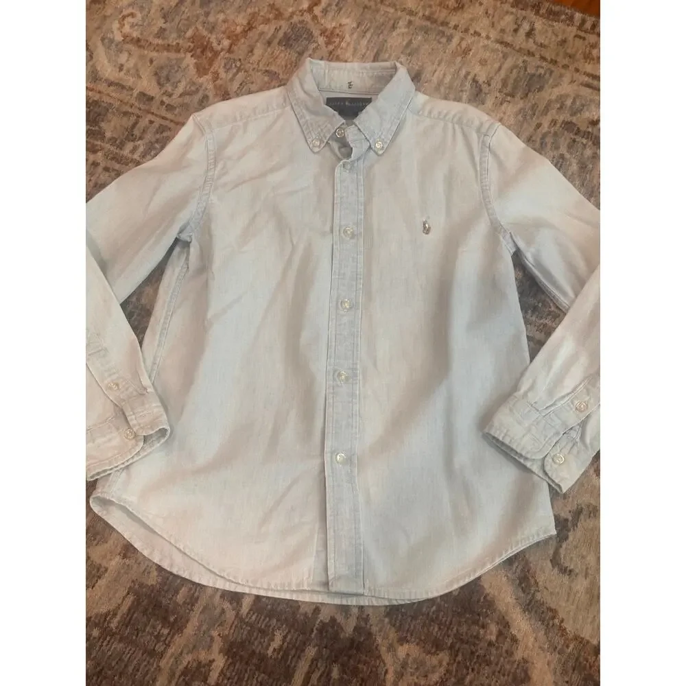 Ralph Lauren Boys Button Front Oxford Shirt Light Blue Long Sleeve Size 7